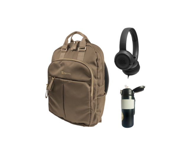 Viaja con estilo y comodidad con la mochila KNB-468 KLIP XTREME, los audífonos JBL TUNE 500 y la botella térmica Comet 600 ml.