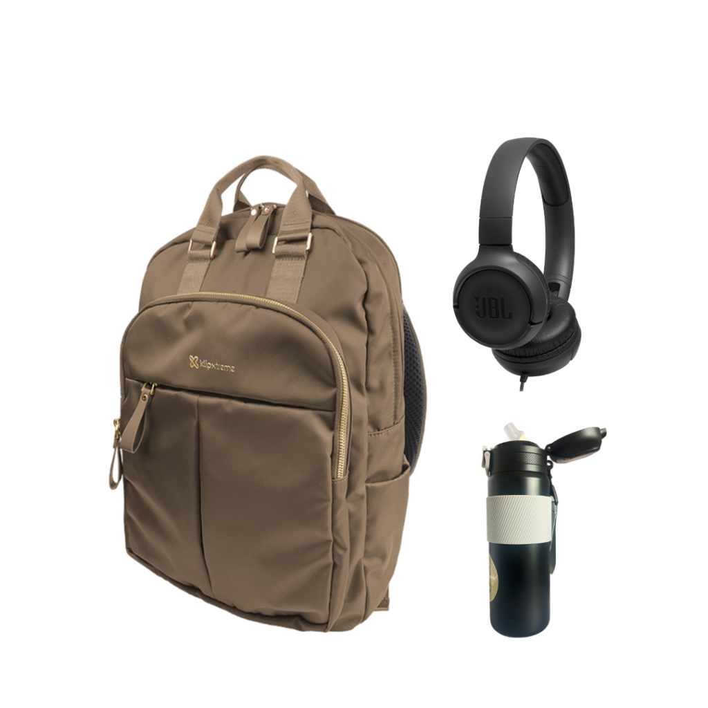 Viaja con estilo y comodidad con la mochila KNB-468 KLIP XTREME, los audífonos JBL TUNE 500 y la botella térmica Comet 600 ml.