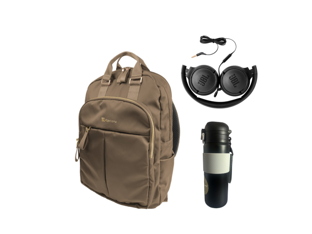 Viaja con estilo y comodidad con la mochila KNB-468 KLIP XTREME, los audífonos JBL TUNE 500 y la botella térmica Comet 600 ml.