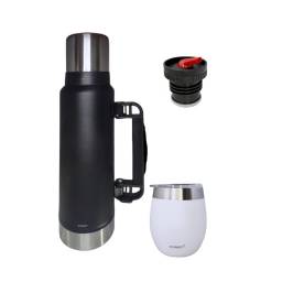 Combo Termo Comet 1,2 L + Mate Con Tapa  Negro Y blanco