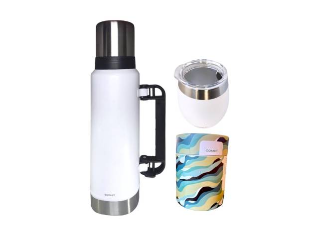 Viaja con el Combo kit Termo 1.2 Lt Y Mate con tapa COMET en Caribesurstore. Disfruta de mate por horas, ideal para llevar a todos lados!. Que no se vuele la yerba ni se caiga en la mochila!