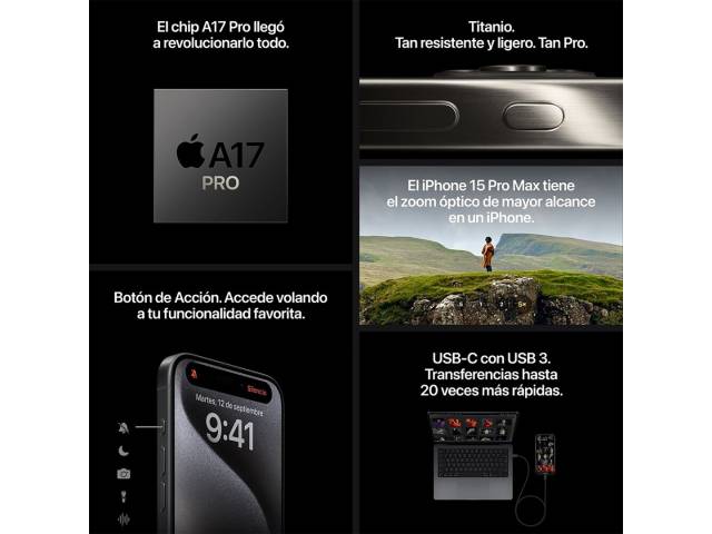 El nuevo iPhone 15 Pro redefine la potencia con su chip A17 Bionic y una pantalla Super Retina XDR de 6.1 pulgadas. Captura fotografías increíbles con el sistema de triple cámara trasera, con un lente principal de 48 megapíxeles.