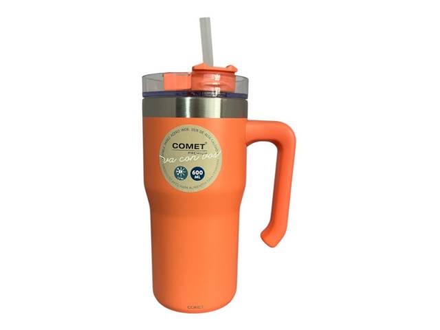 Disfruta de tus bebidas favoritas a la temperatura perfecta con el Vaso Térmico Comet de 600ml en color coral. Su doble pared de acero inoxidable mantiene tus bebidas frías y calientes por 12hs 