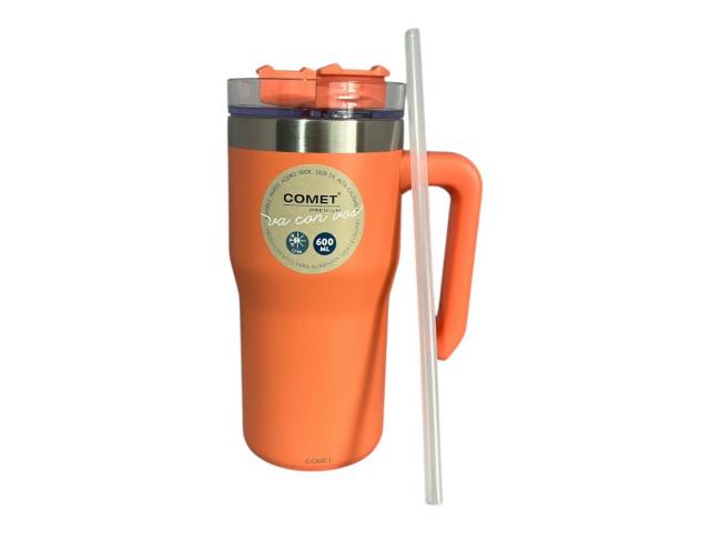 Disfruta de tus bebidas favoritas a la temperatura perfecta con el Vaso Térmico Comet de 600ml en color coral. Su doble pared de acero inoxidable mantiene tus bebidas frías y calientes por 12hs 