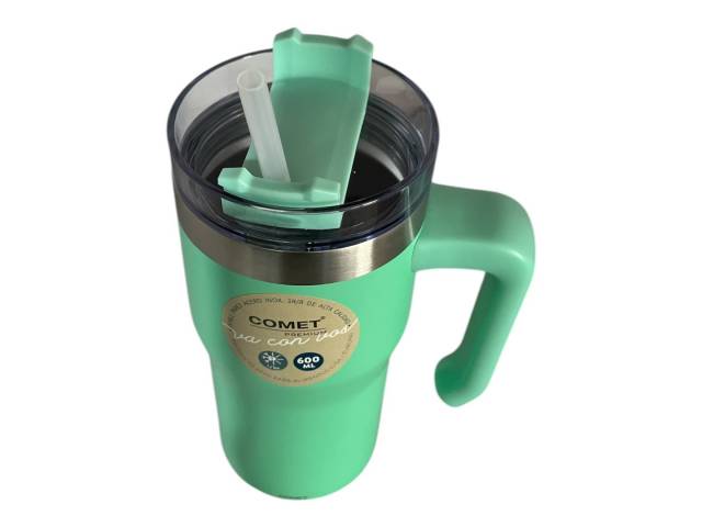 Disfruta de tus bebidas favoritas a la temperatura perfecta con el Vaso Térmico Comet de 600ml en color coral. Su doble pared de acero inoxidable mantiene tus bebidas frías y calientes por 12hs 