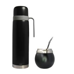 Termo Comet 1 Litro + Mate Trmico 120ml Ac. inoxidable + bombilla  Negro