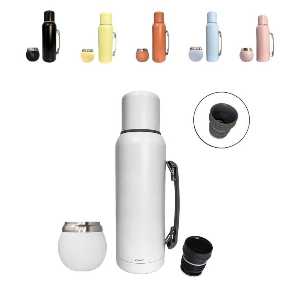 El Termo Comet 1 Litro con asa   Mate 120ml Acero Inox es el compañero perfecto para tus aventuras al aire libre, viajes o simplemente para disfrutar de un buen mate en casa.