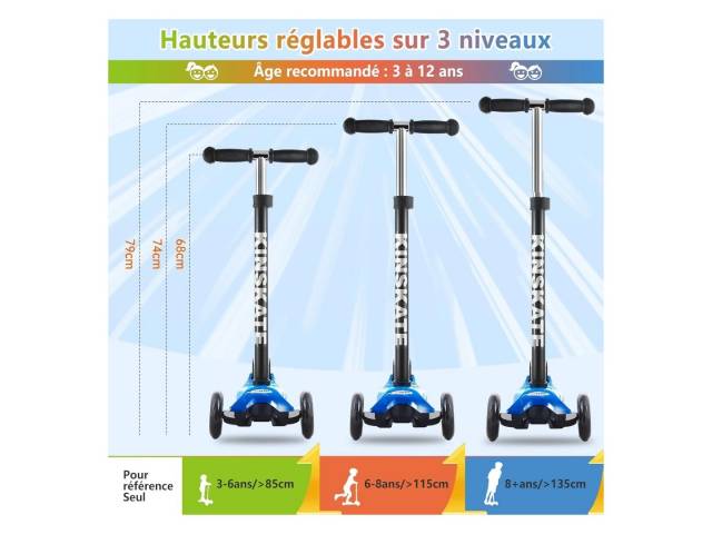 Descubre el scooter perfecto para tus aventuras diarias!. Con un largo total de 55 cm y altura ajustable de 77 a 87 cm, este scooter se adapta a cualquier usuario. Su manubrio ajustable, freno trasero y luces LED.